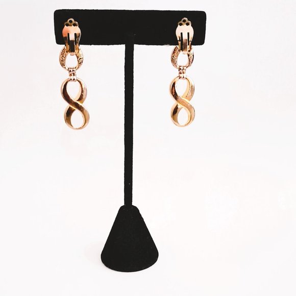 Double Figure 8 Gold Earrings Clip On Drop Earrings with Rhinestones - Picture 3 of 5